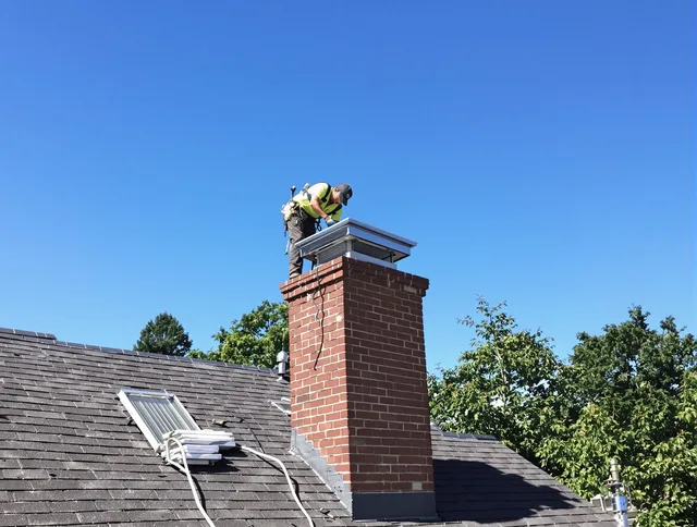 Hudson Chimney Sweep technician measuring a chimney cap in Hudson, MA