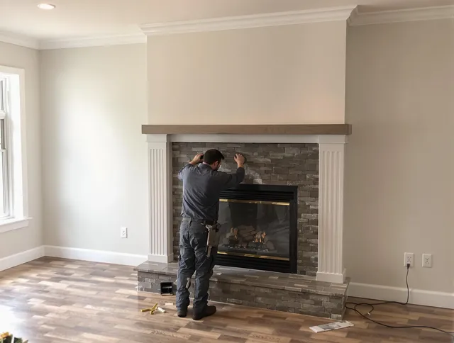 Hudson Chimney Sweep finishing a custom fireplace install in Hudson, MA